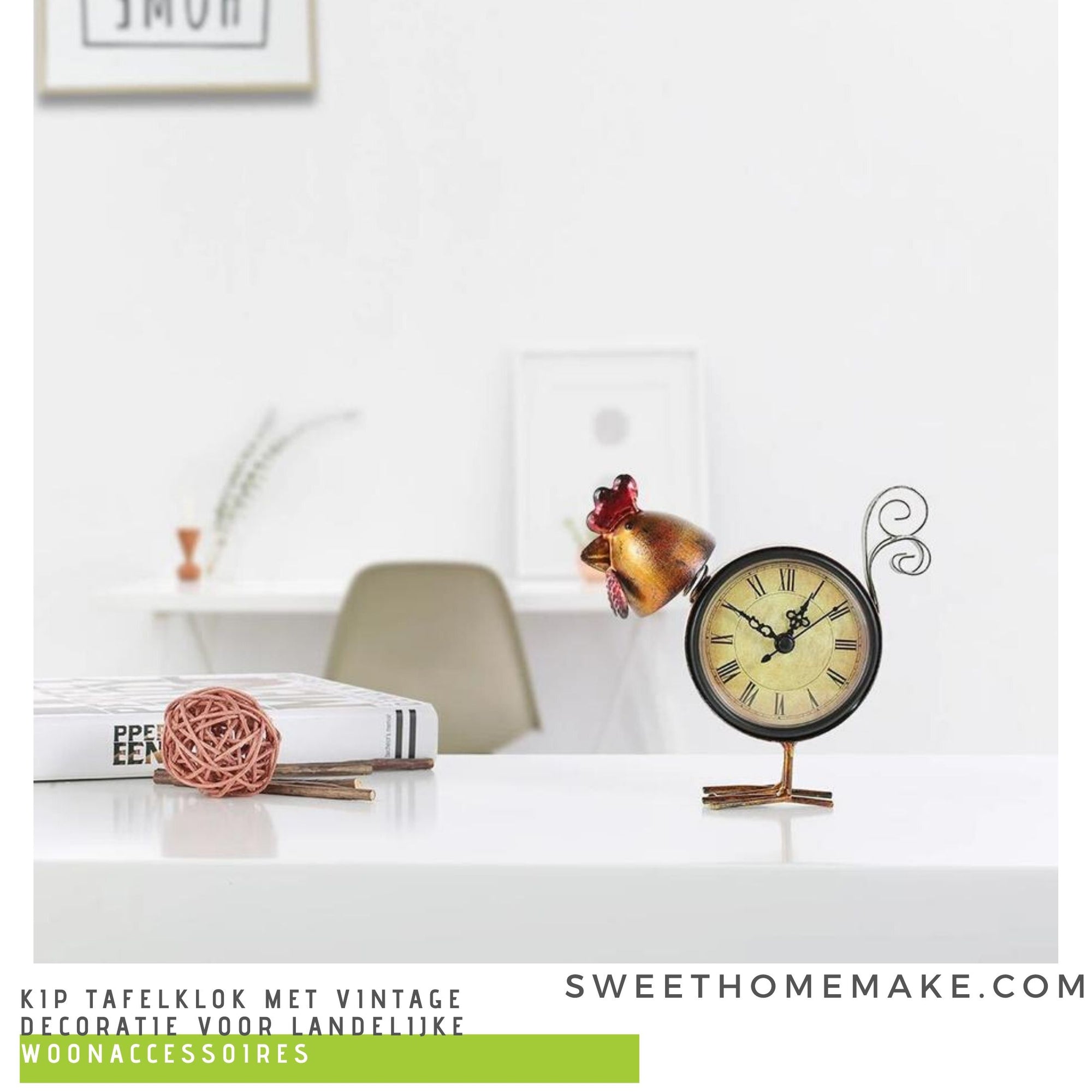 Kip Tafelklok met Vintage Decoratie voor Landelijke Woonaccessoires