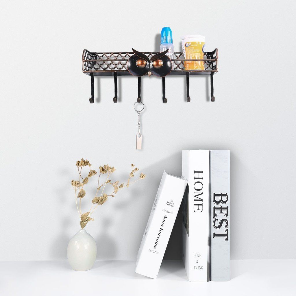 Wall Mounted Shelves for Key Holder with Coat Rack Black Metal Vintage