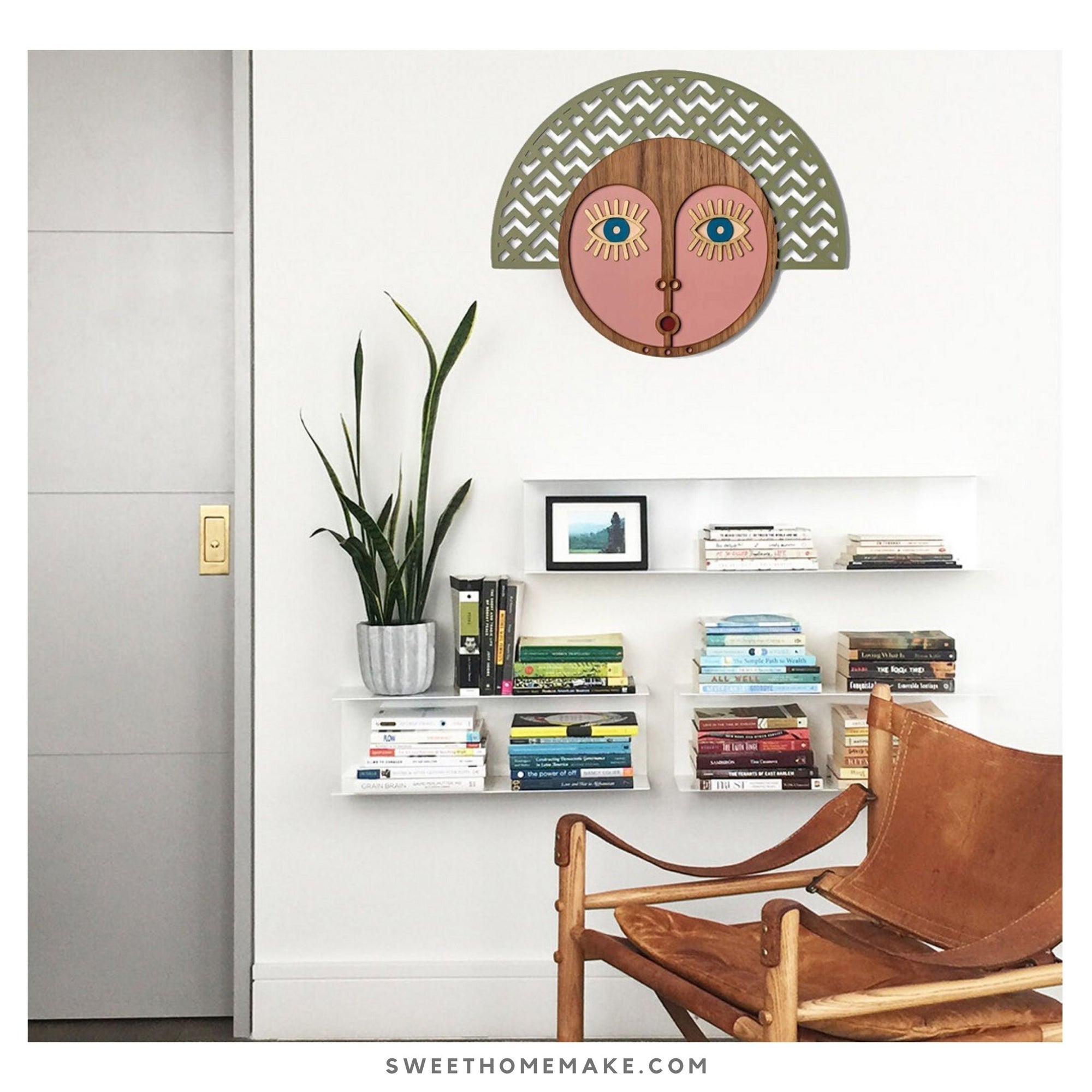 Wanddecoratie Hout Rond met Schilderij Gezicht Abstract