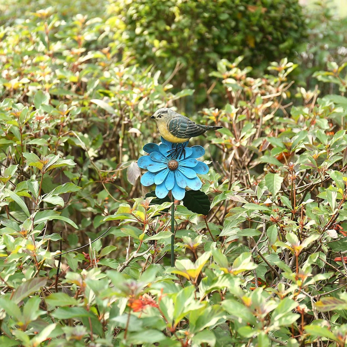 Metal Flower Stakes and Garden Stakes on the Blue Flower with Goldfinch Bird for Garden Ornaments