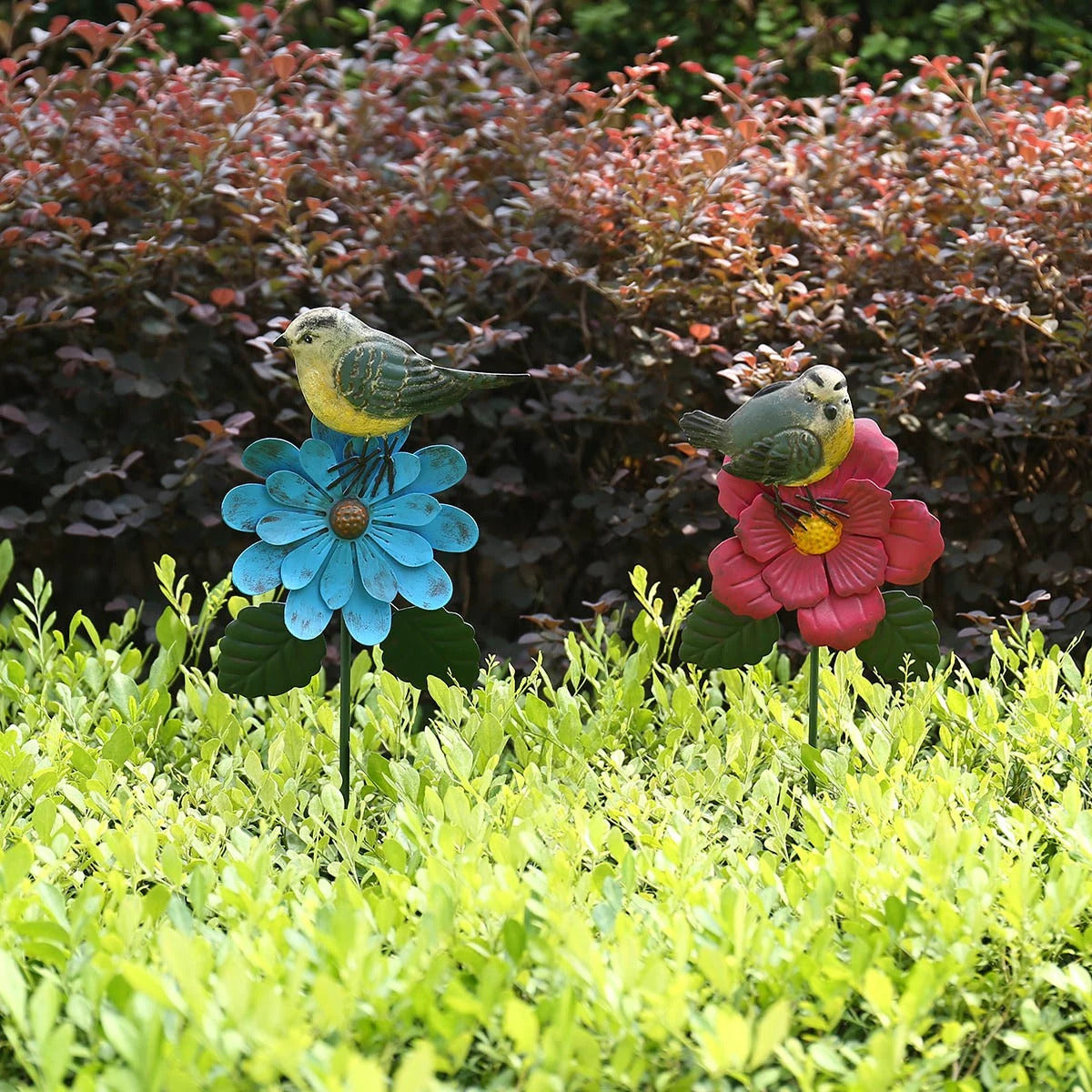 Metal Flower Stakes and Garden Stakes on the Blue Flower with Goldfinch Bird for Garden Ornaments