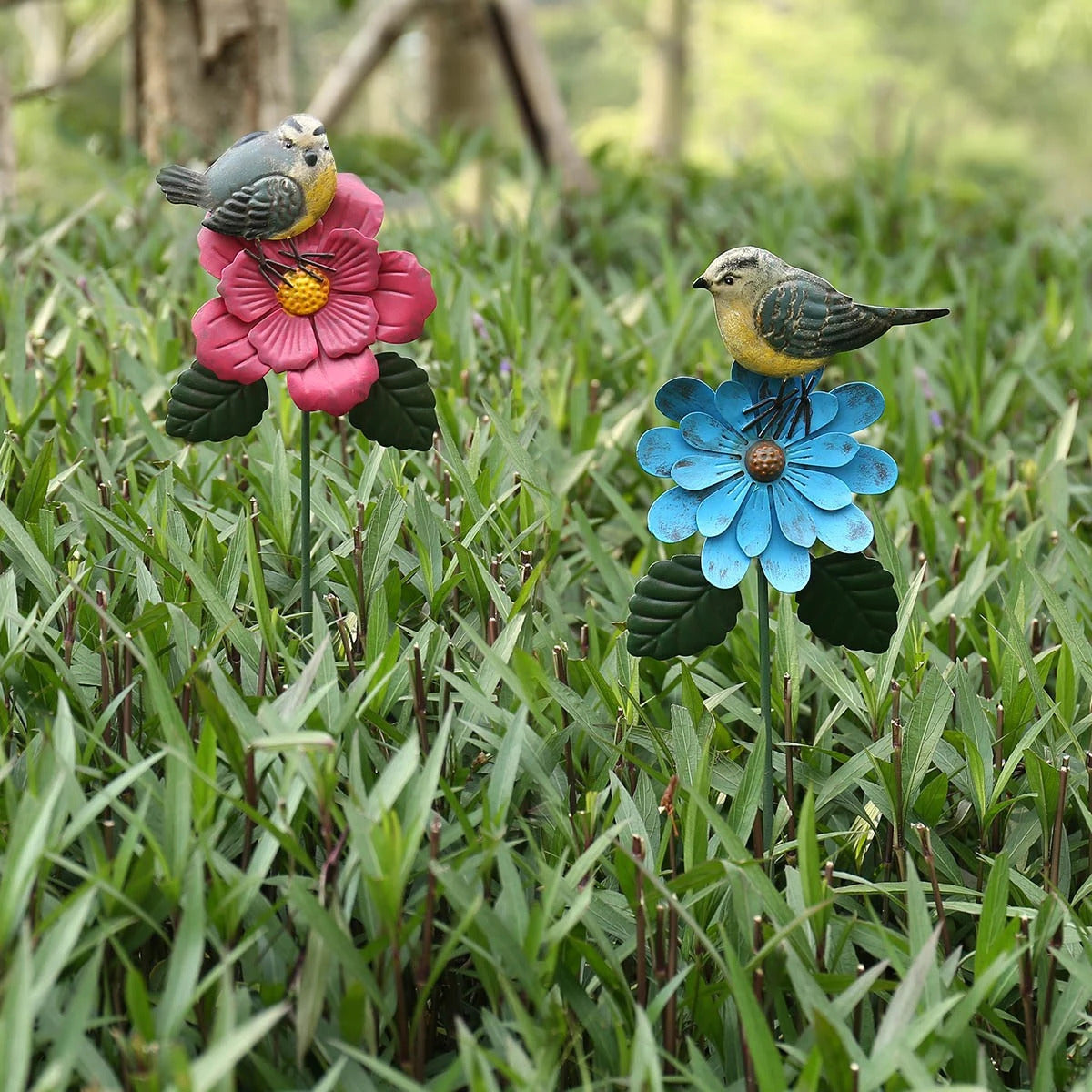 Metal Flower Stakes and Garden Stakes on the Blue Flower with Goldfinch Bird for Garden Ornaments