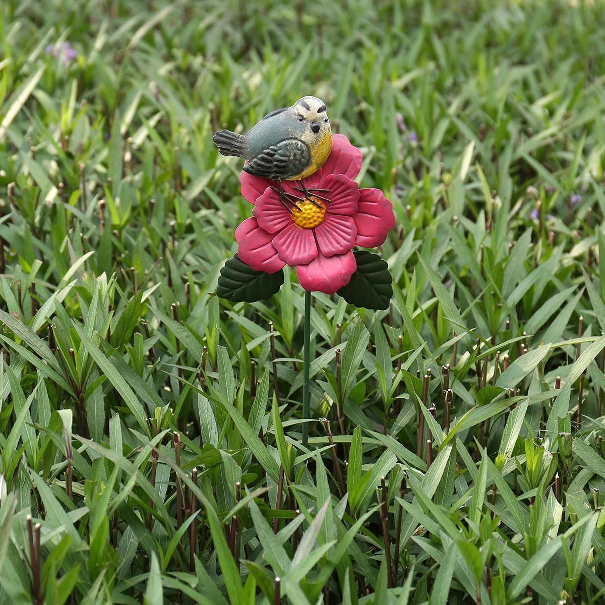 Metal Flower Stakes and Garden Stakes on the Pink Flower with Goldfinch Bird for Garden Ornaments