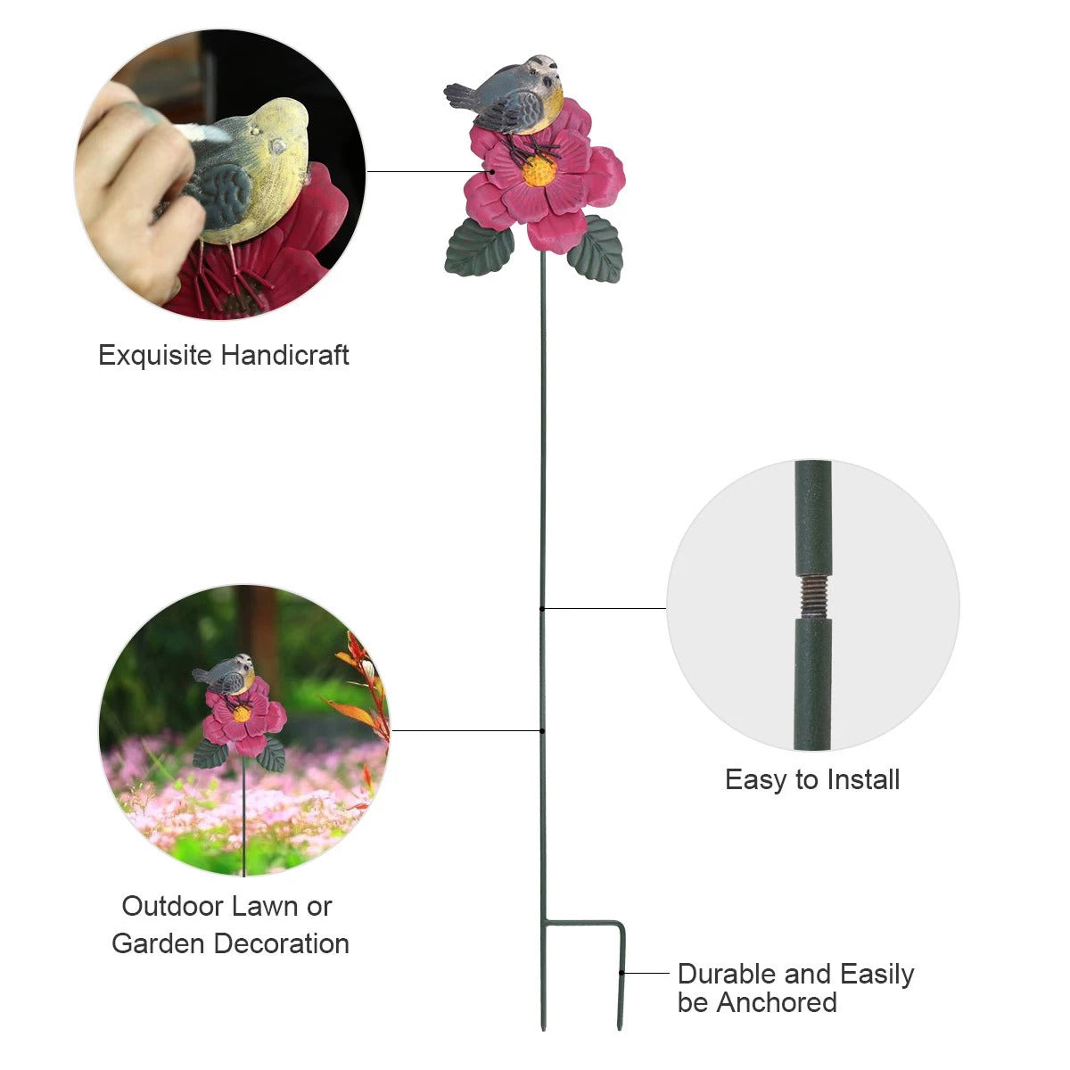 Metal Flower Stakes and Garden Stakes on the Pink Flower with Goldfinch Bird for Garden Ornaments