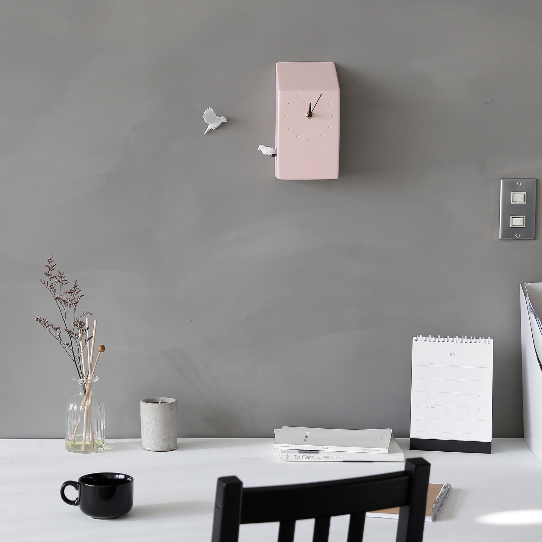 Pink Cuckoo Clock with Minimal and Modern Design Bird Sculpture