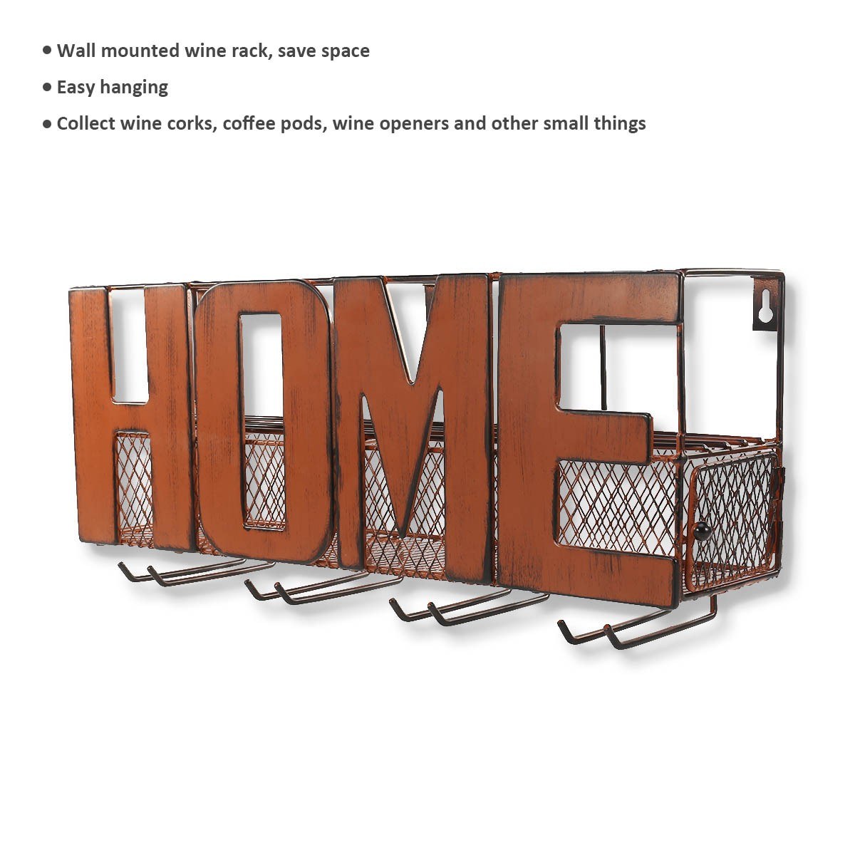 Wall Mounted Wine and Glass Rack with HOME Sign Metal Wall Art 4 Bottle Holder