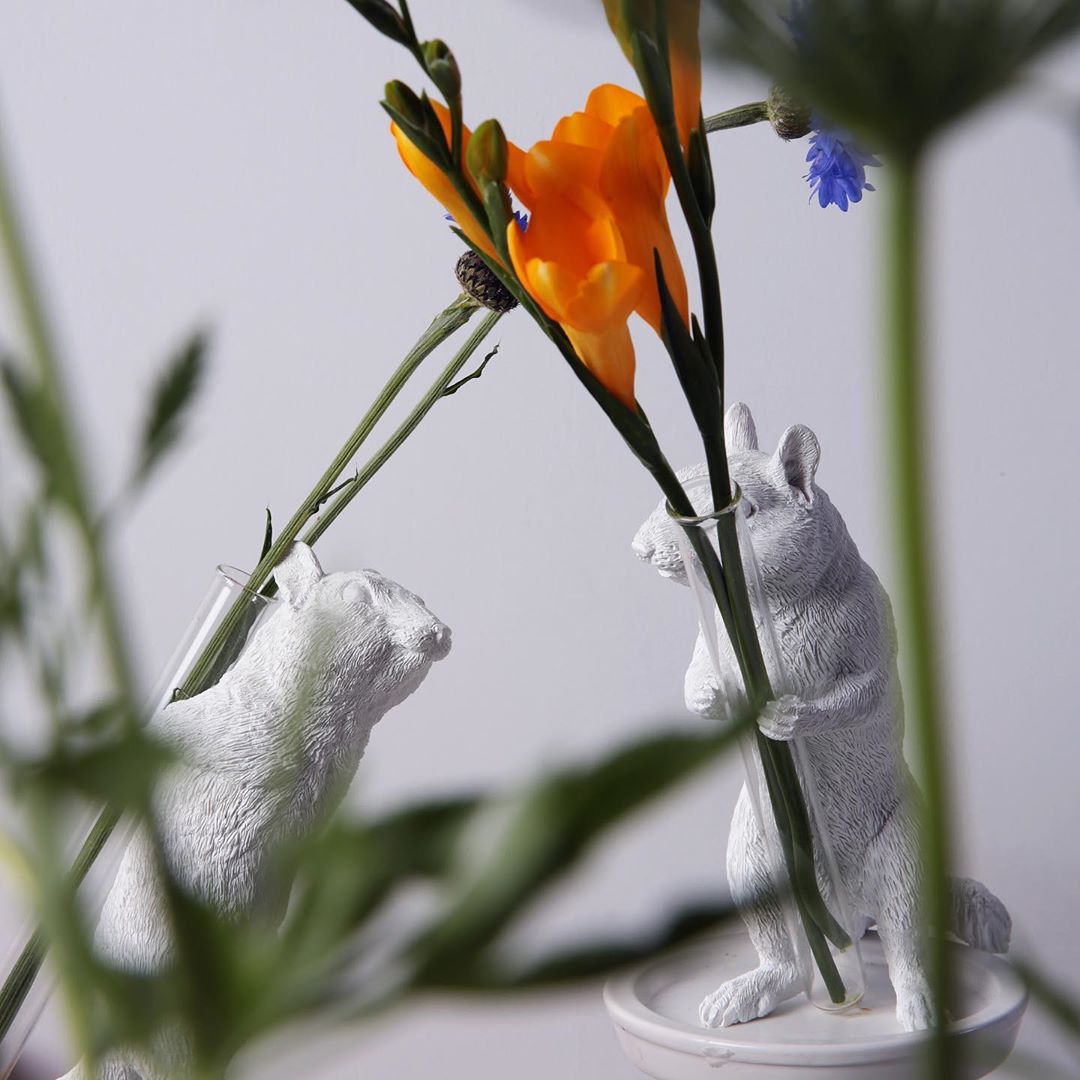 White Vase Series to Flowers and Diffuser Reeds with Squirrel Statue
