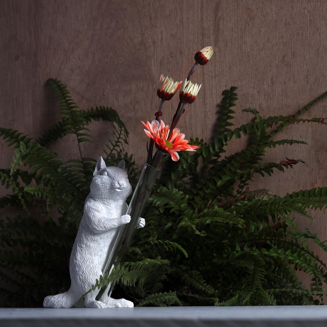 White Vase Series to Flowers and Diffuser Reeds with Squirrel Statue