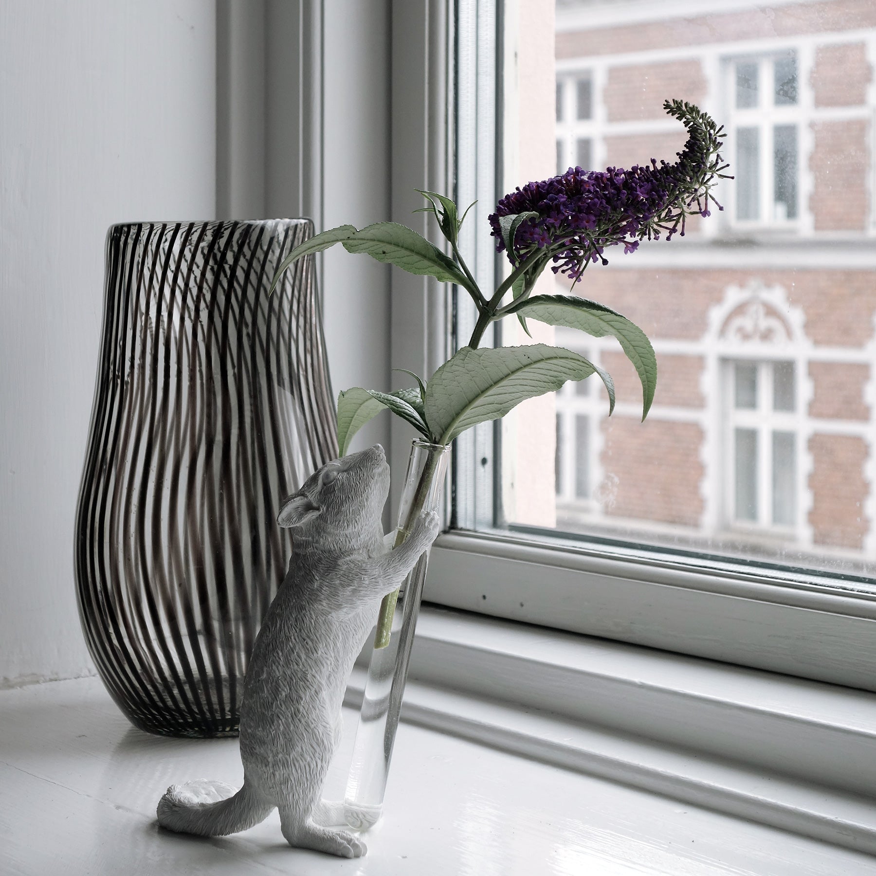 White Vase Series to Flowers and Diffuser Reeds with Squirrel Statue