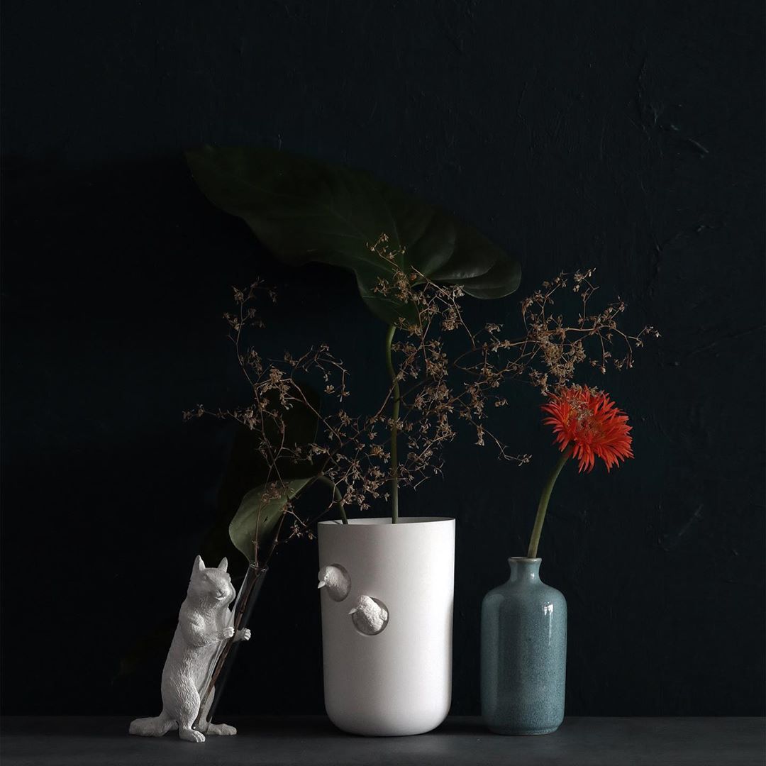 White Vase Series to Flowers and Diffuser Reeds with Squirrel Statue