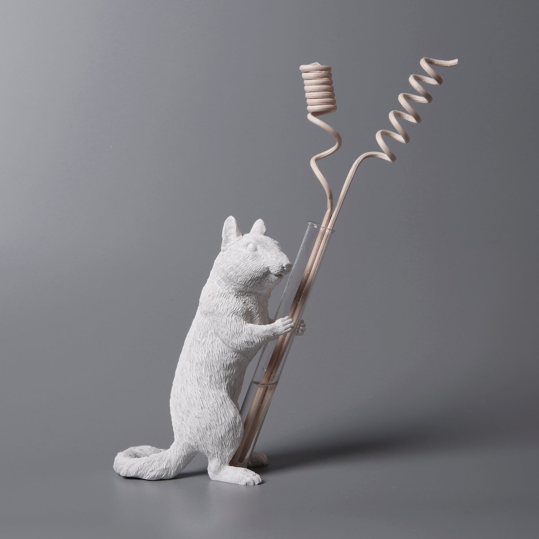 White Vase Series to Flowers and Diffuser Reeds with Squirrel Statue