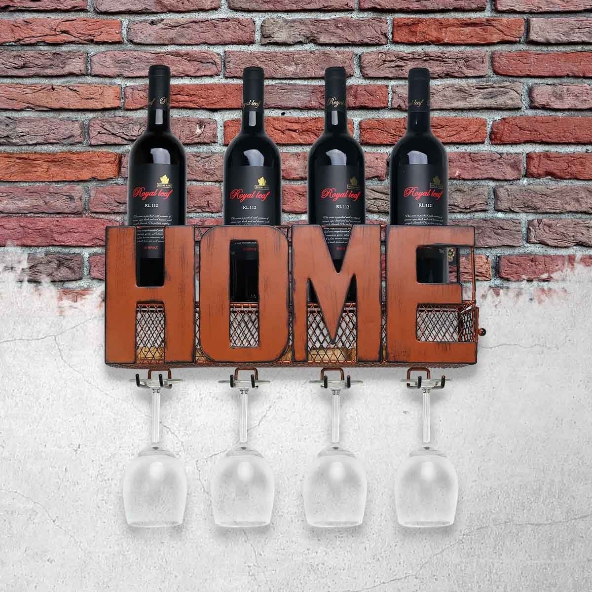 Wall Mounted Wine and Glass Rack with HOME Sign Metal Wall Art 4 Bottle Holder