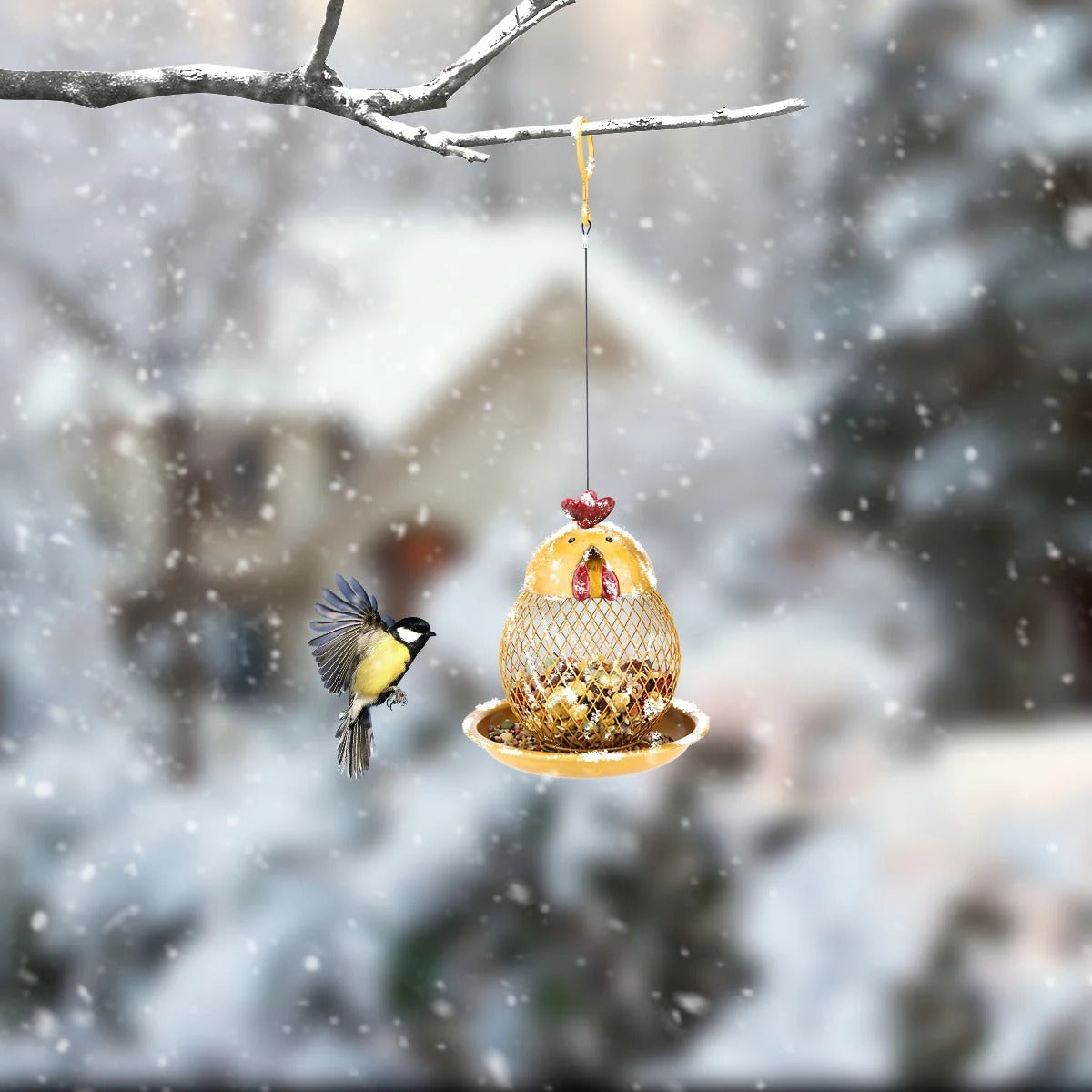 Yellow Hanging Bird Feeder with Chicken Figurines