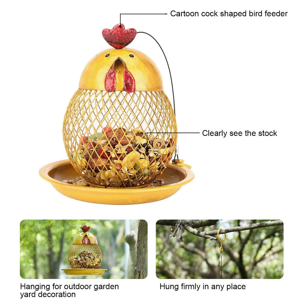 Yellow Hanging Bird Feeder with Chicken Figurines