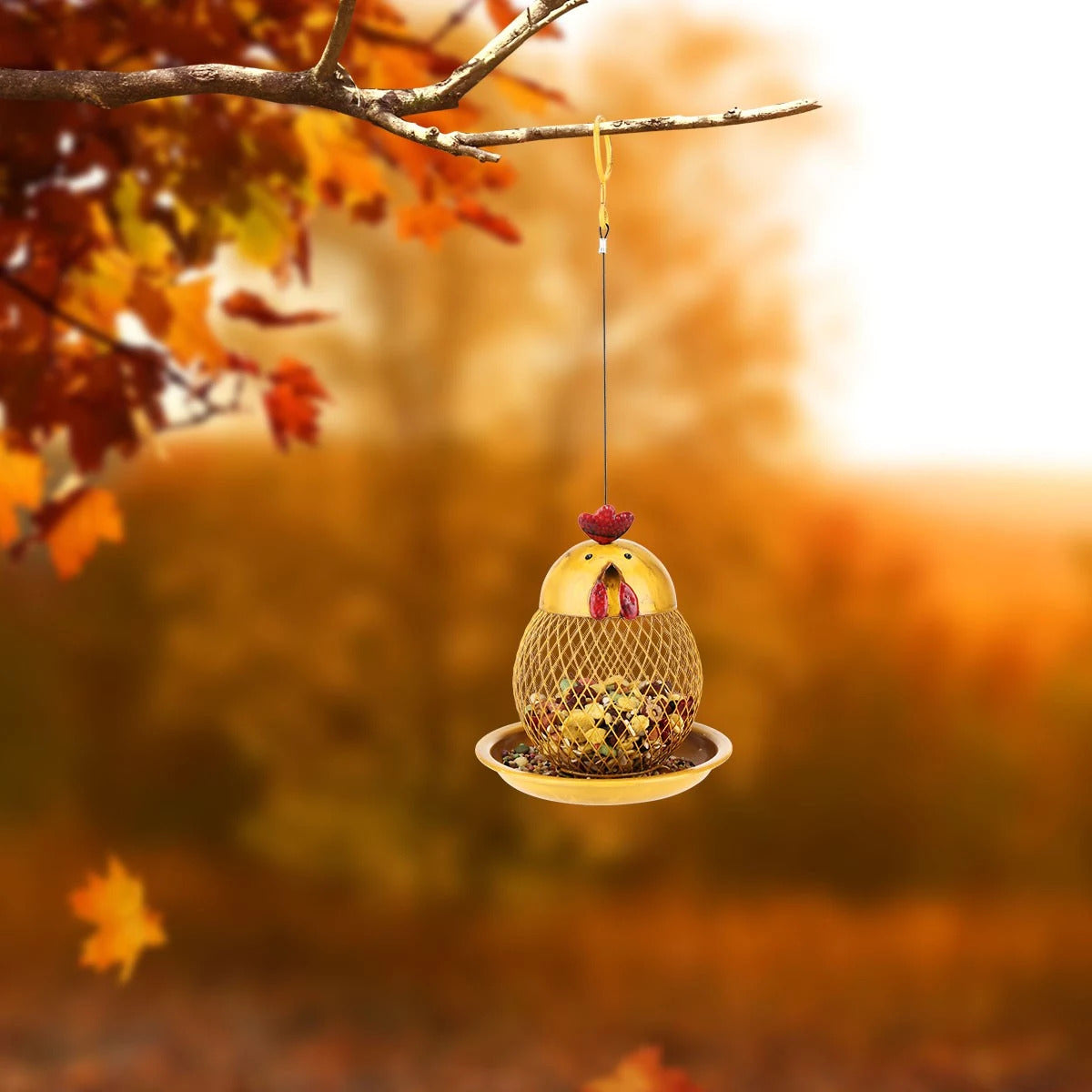 Yellow Hanging Bird Feeder with Chicken Figurines