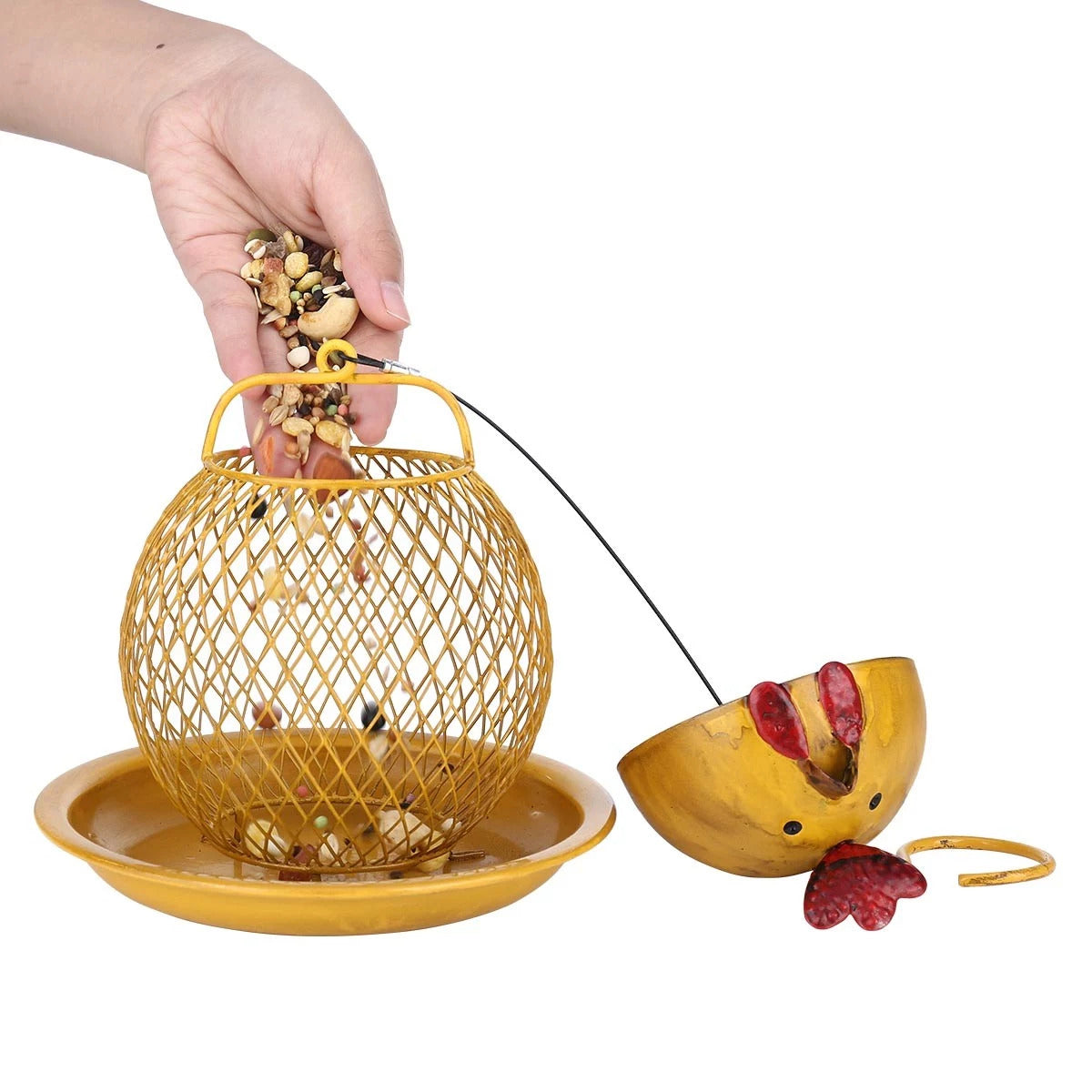 Yellow Hanging Bird Feeder with Chicken Figurines