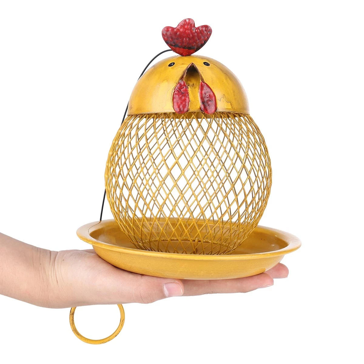 Yellow Hanging Bird Feeder with Chicken Figurines