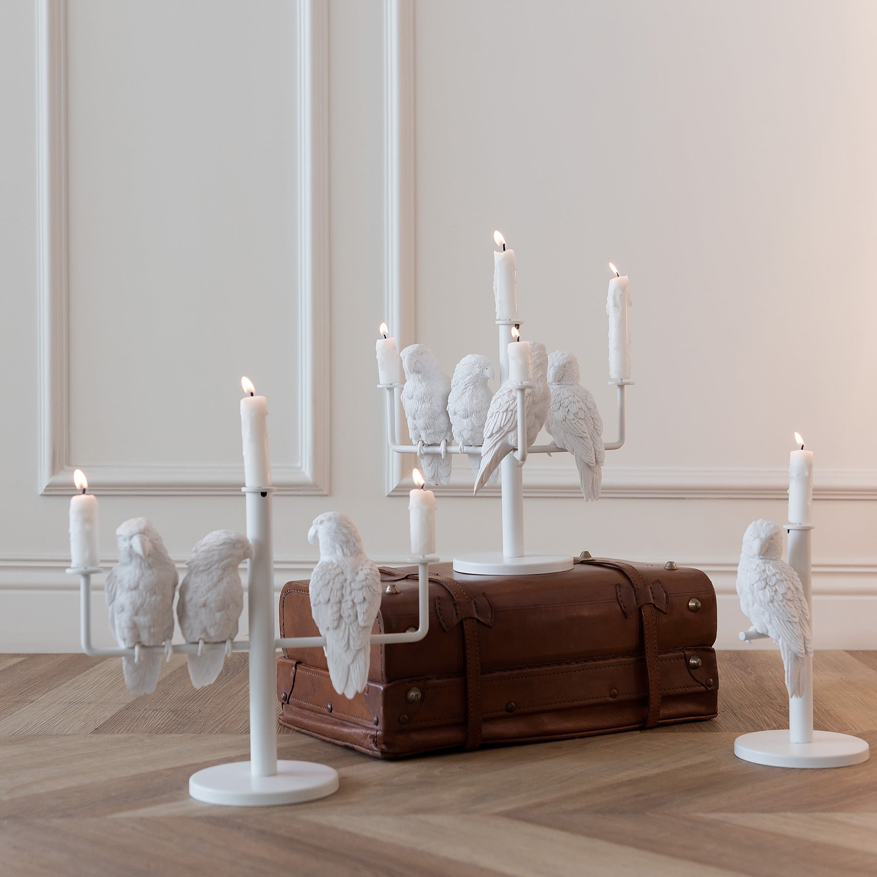 Four parrot candleholder is ready to fly for ambiance and mood