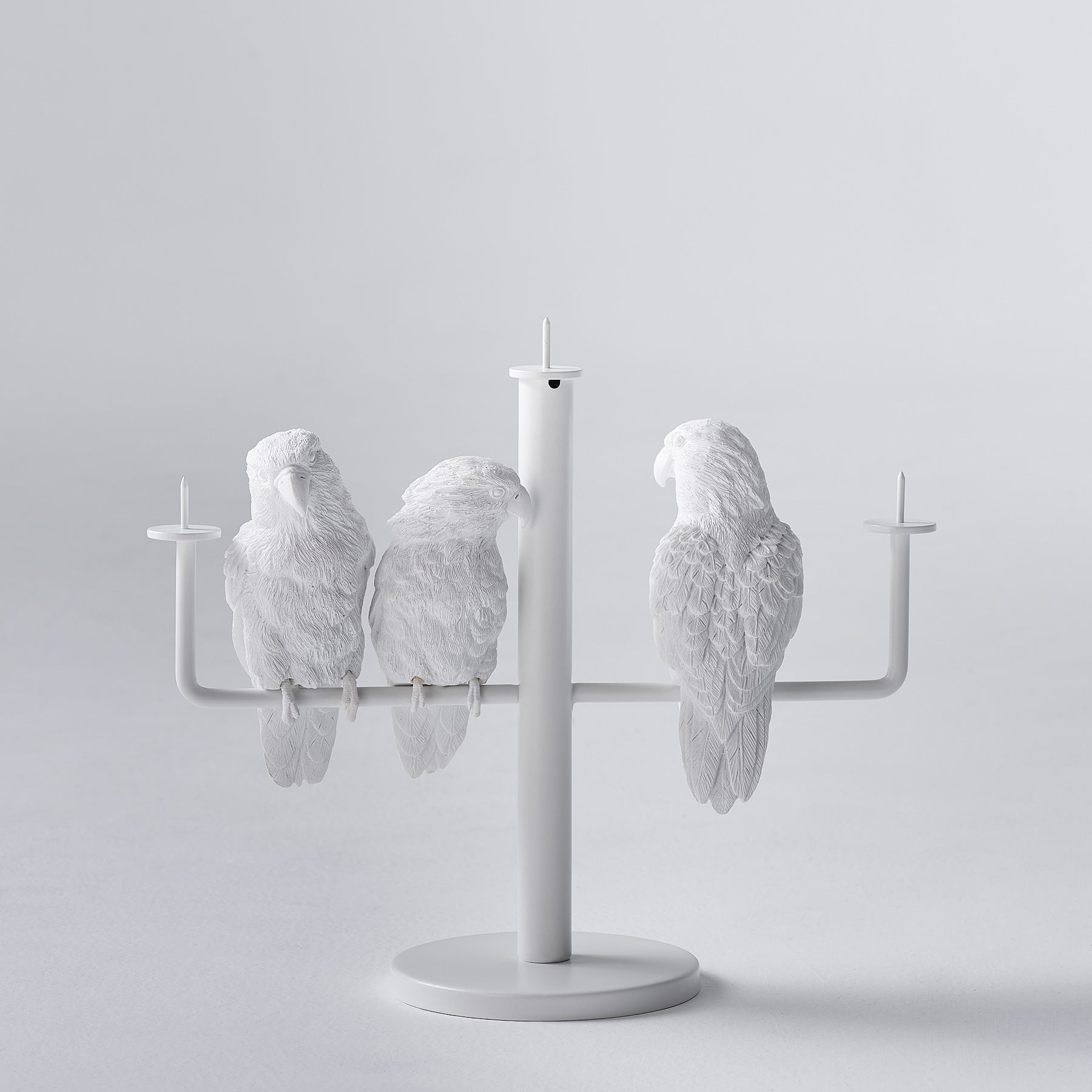 Three parrots create ambiance and good mood as candleholders