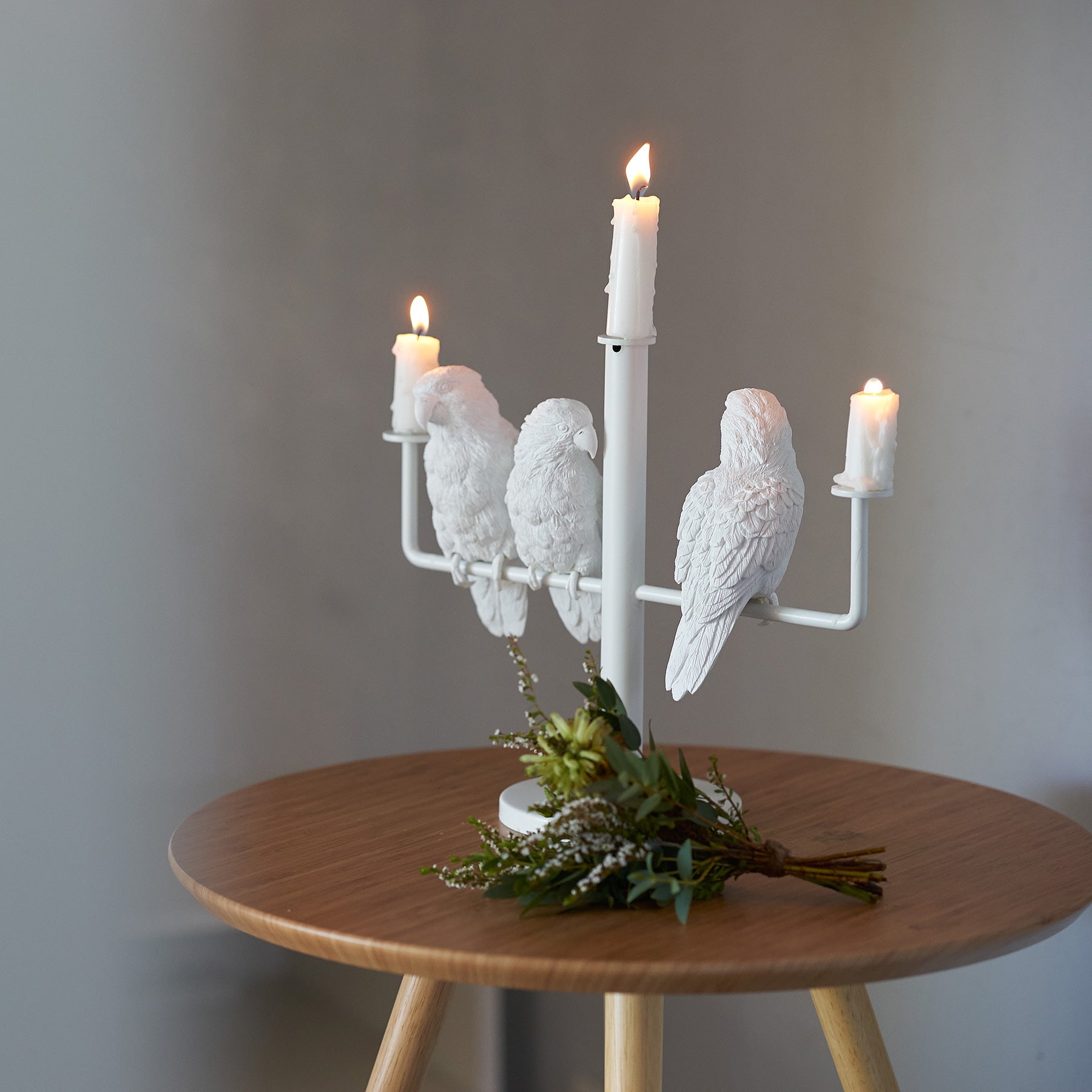Three parrots create ambiance and good mood as candleholders