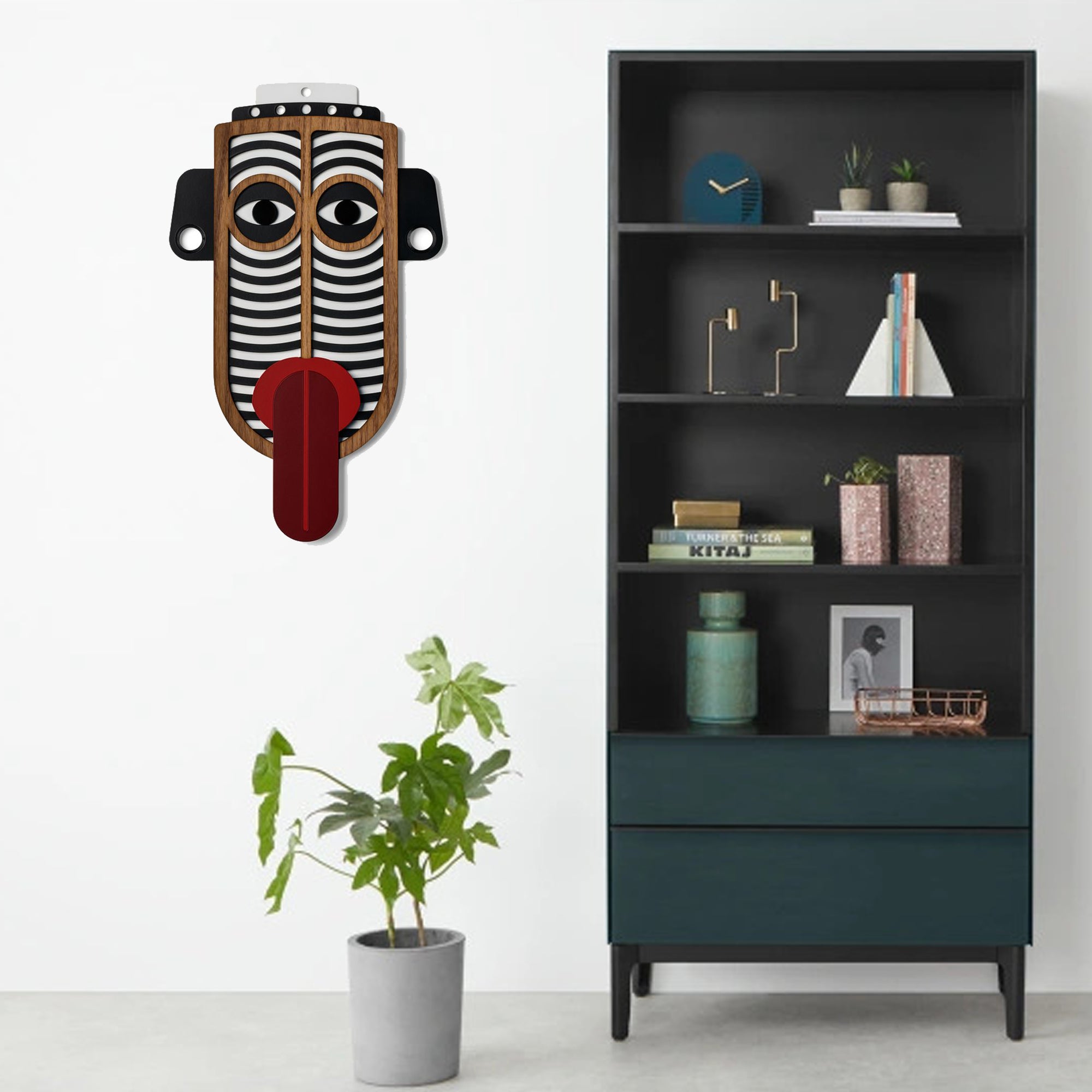 African Wall Mask with Carved Wood Wall Art Black and White