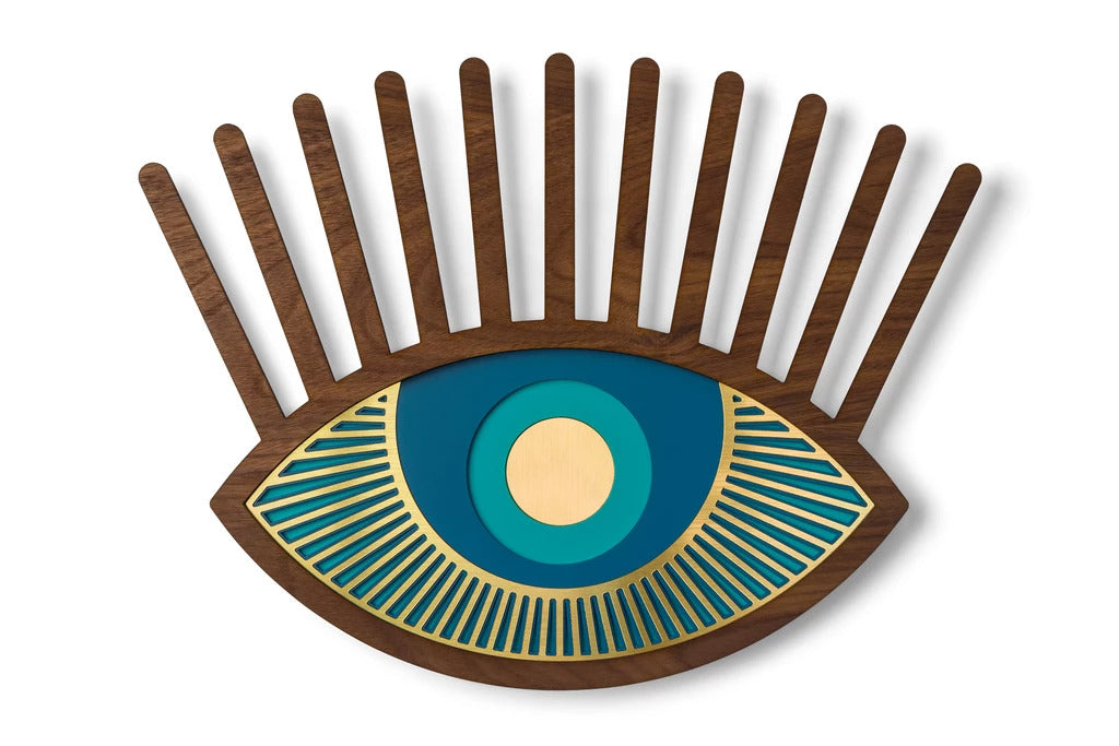 Blue Eye with Carved Wooden Eyelash and Eye Wall Art Decor inspired Contact Lenses