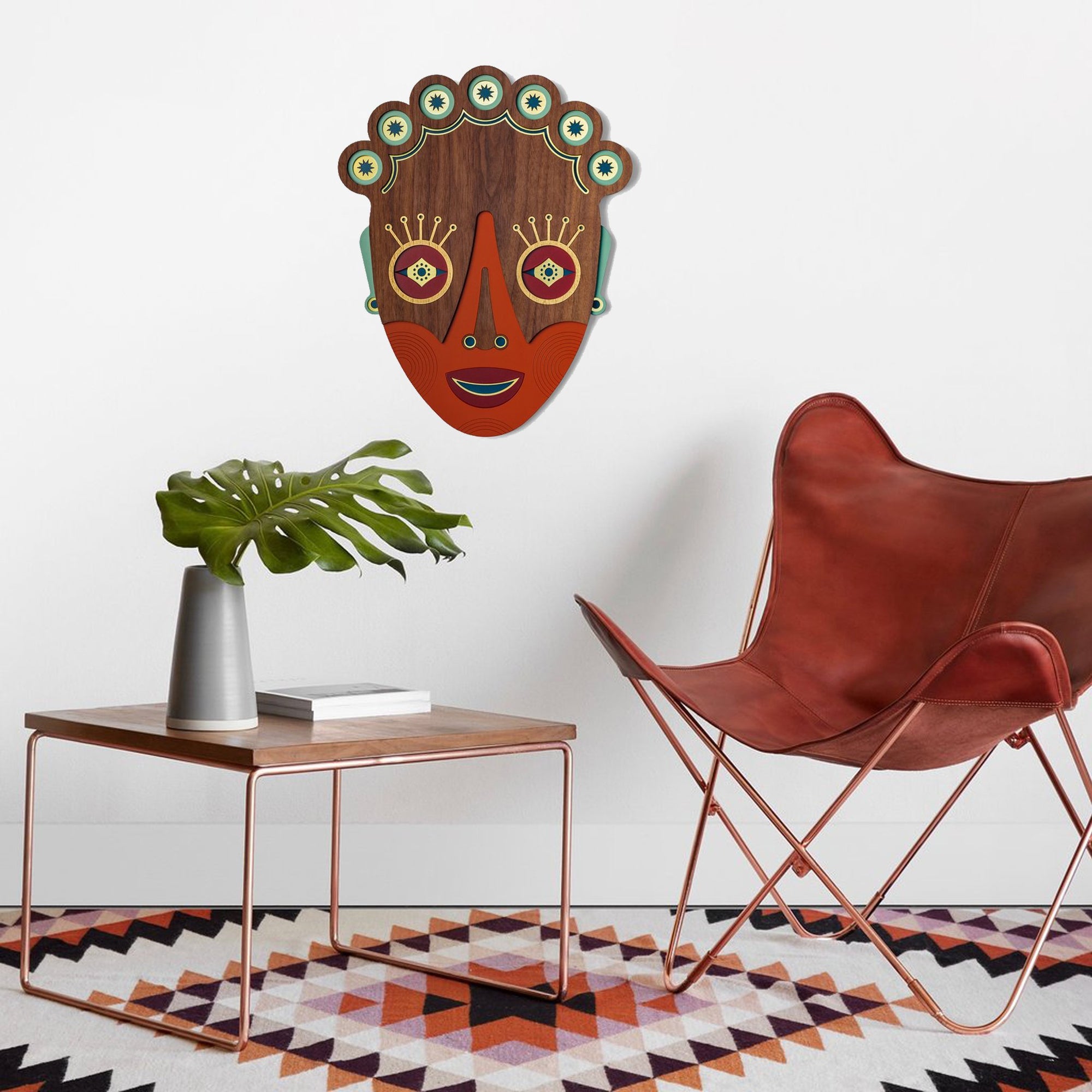 Boho Wall Hanging on the Wood Chic Wall Decor Colorful African Masks