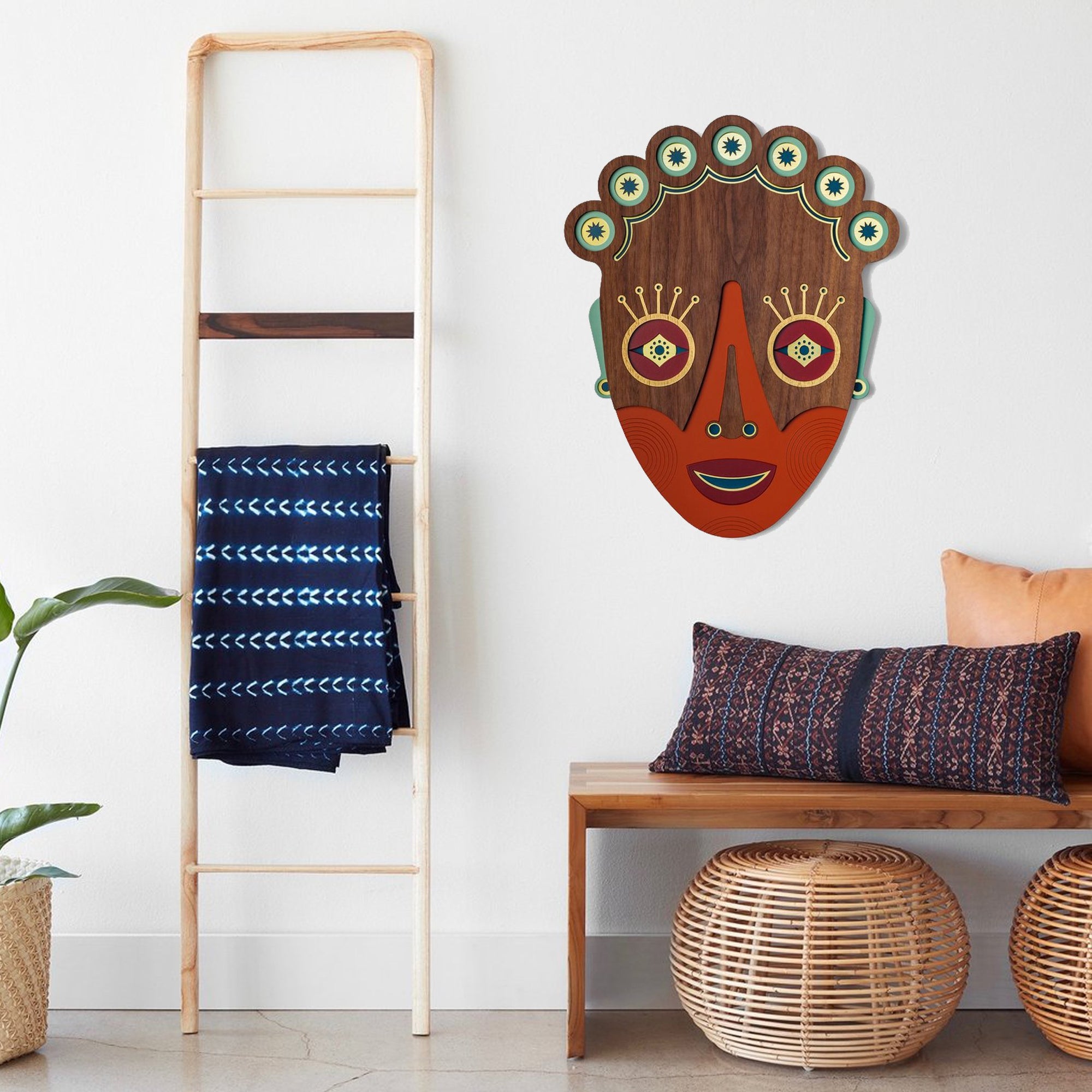 Boho Wall Hanging on the Wood Chic Wall Decor Colorful African Masks
