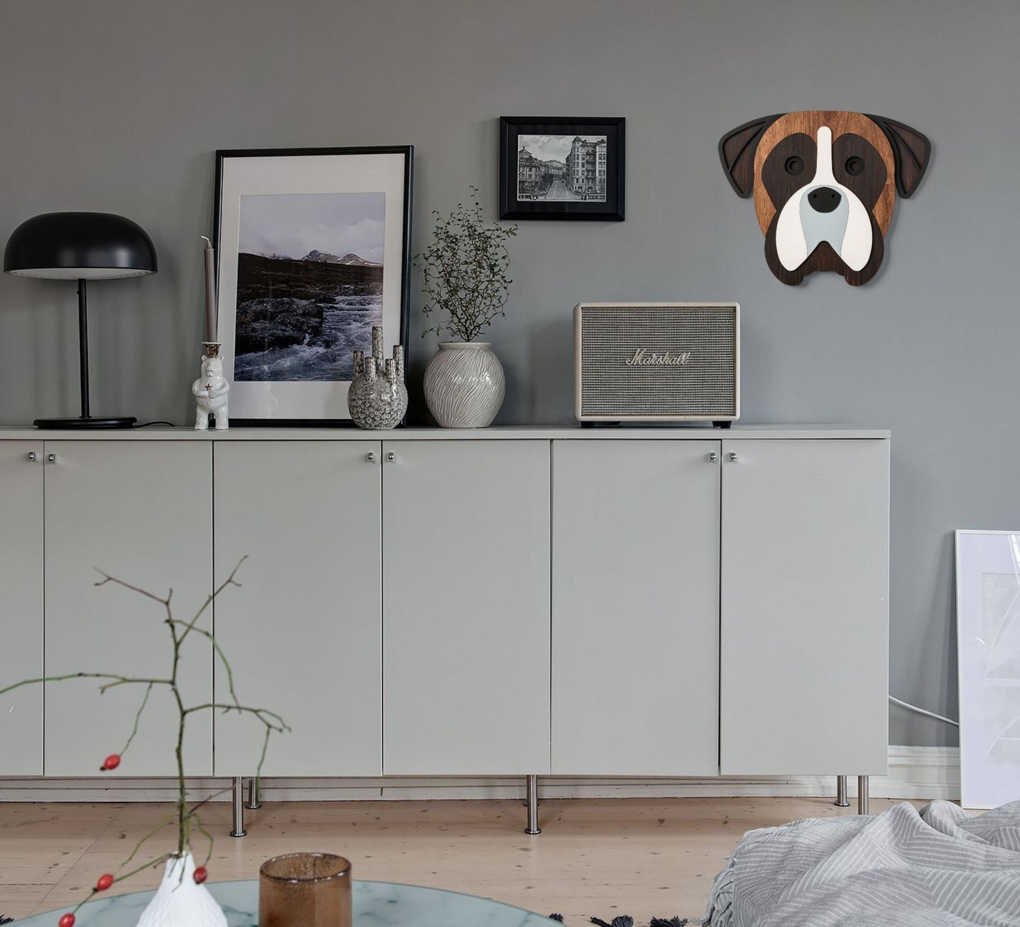 Both dog poster and wooden dog wall art enchants with its natural power