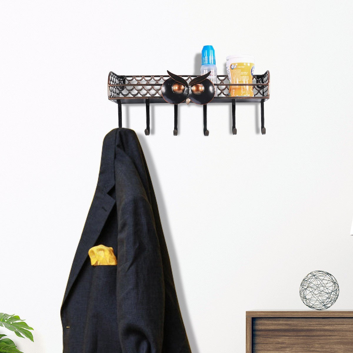 Coat Rack and Wall Mounted Shelves for Key Holder or Kitchen Organizer Black Color and Owl Feature