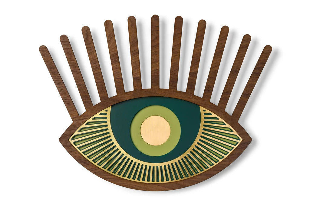 Green Eye with Carved Wooden Eyelash and Eye Wall Art Decor inspired Contact Lenses