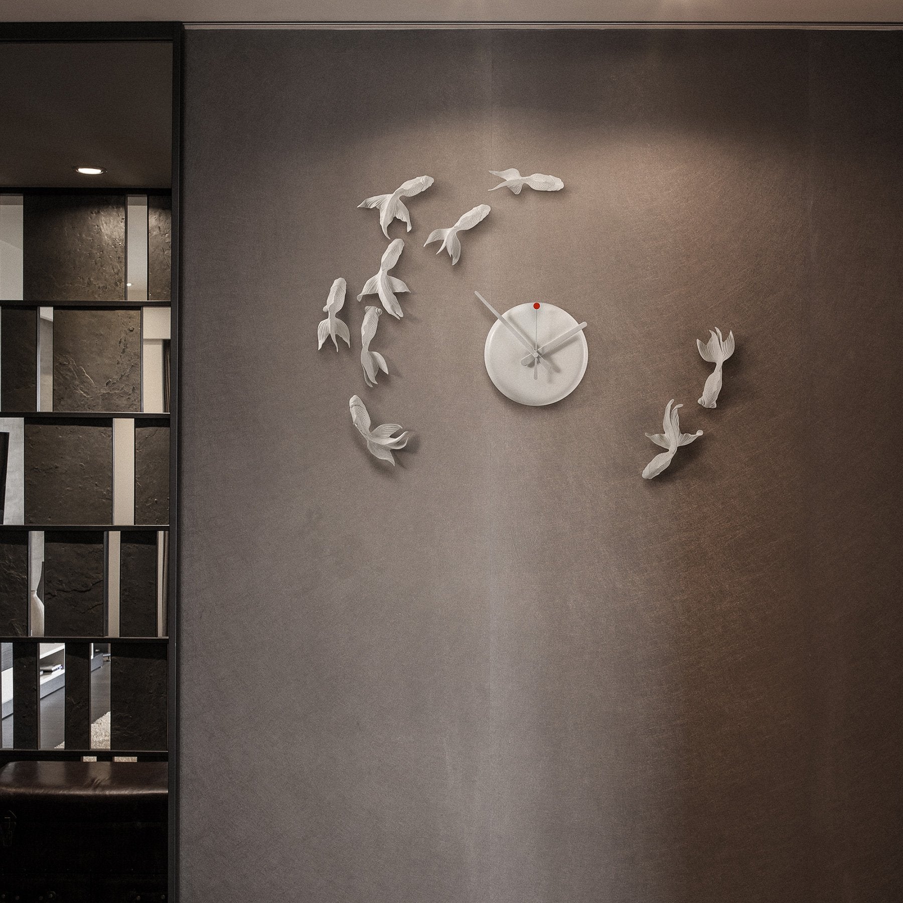 Modern Wall Clock with Fish Sculpture
