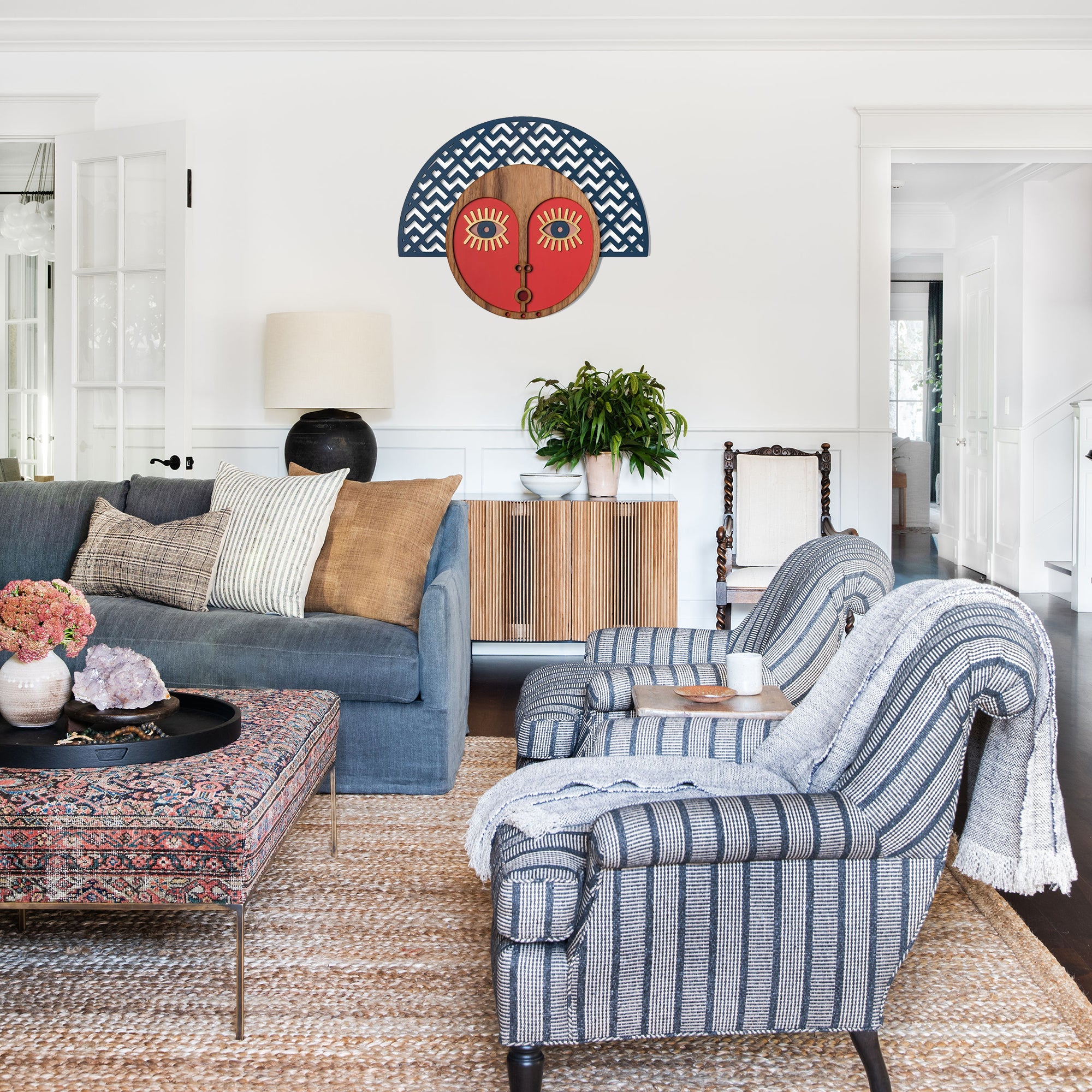 Wall Hanging on the Wooden Abstract Face to Boho Wall Decor