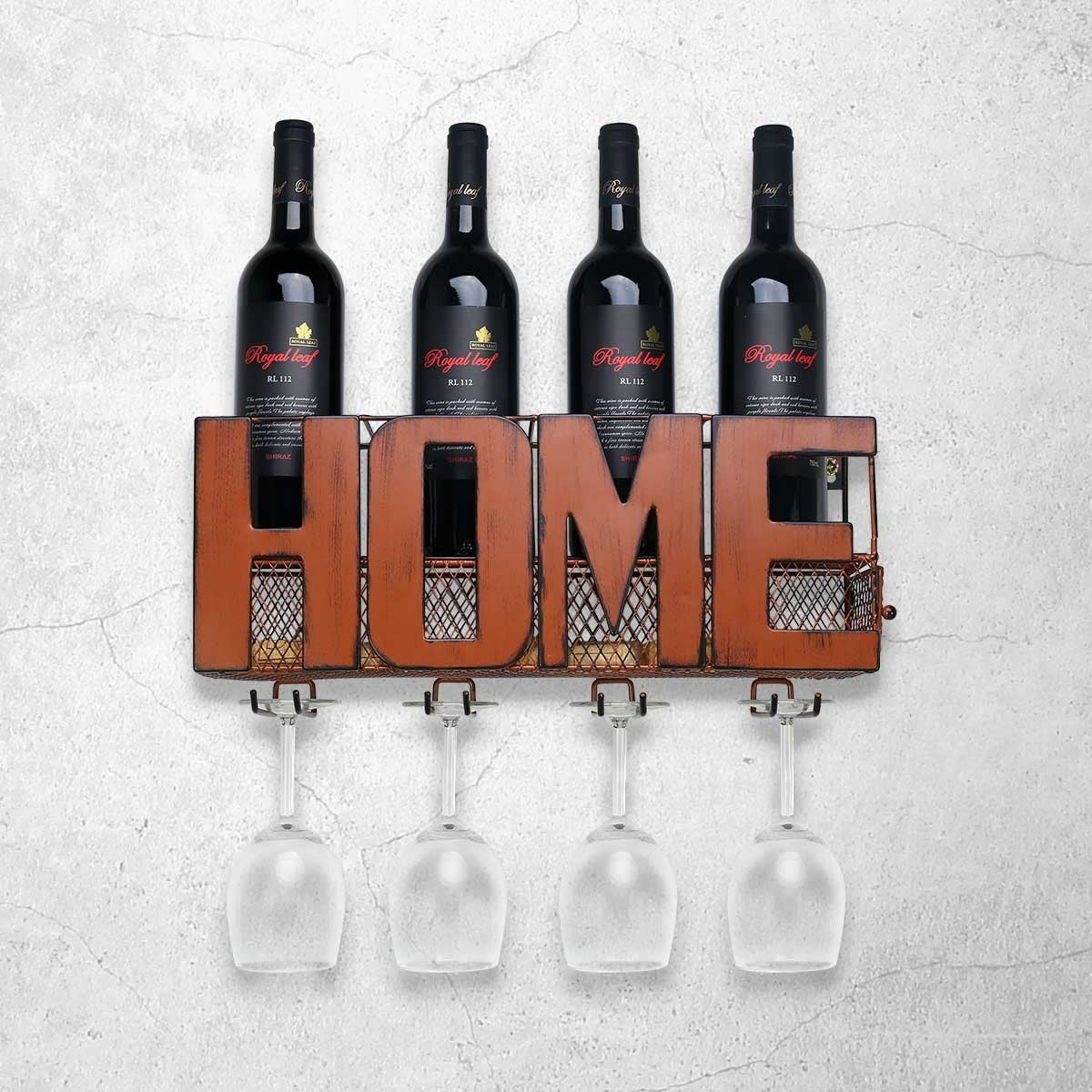 Wall Mounted Wine and Glass Rack with HOME Sign Metal Wall Art 4 Bottle Holder
