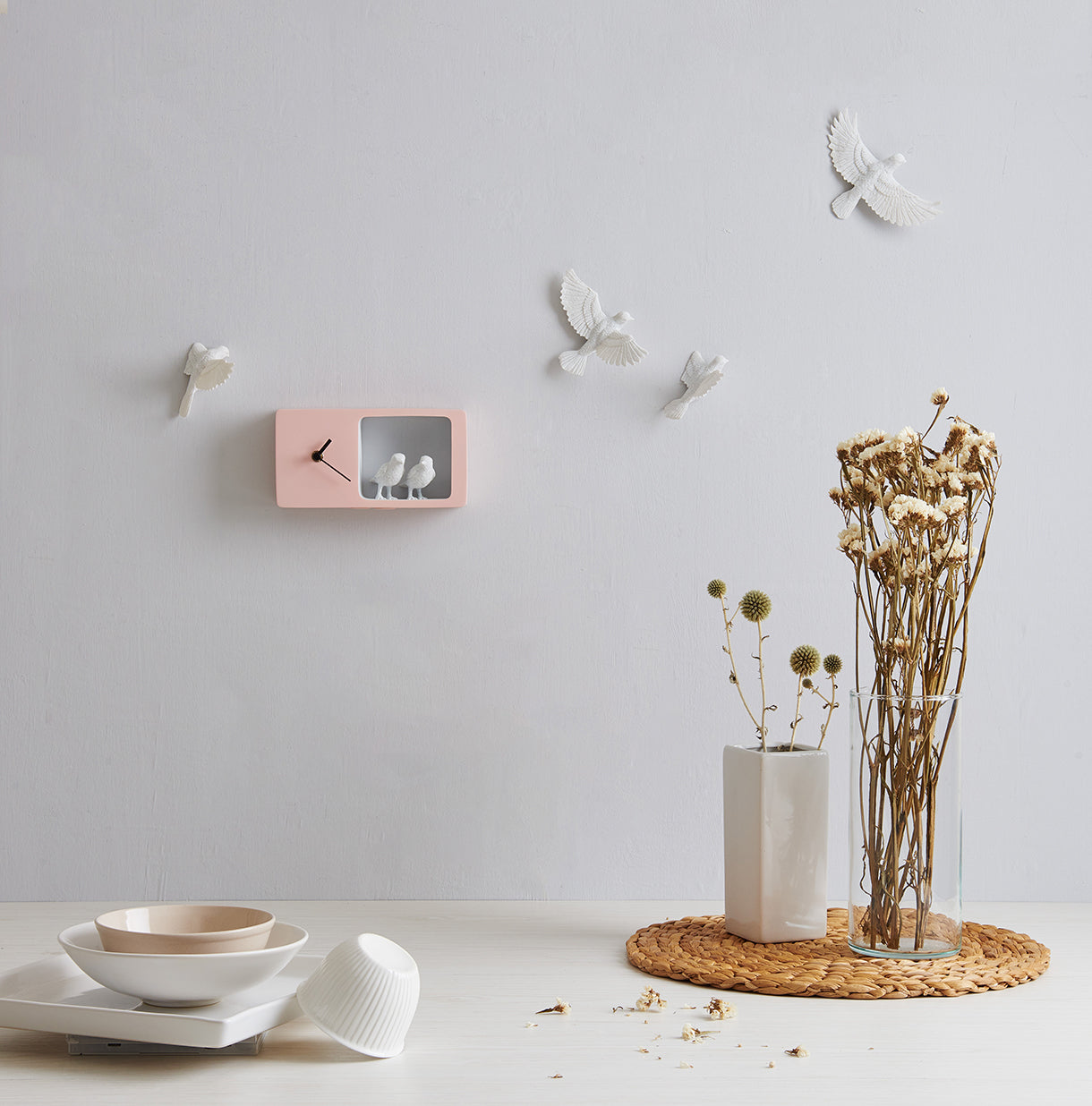 What Time is it in the Bird Nest Pink Sparrow to Modern Wall Clock and Pink Home Decor Accessories