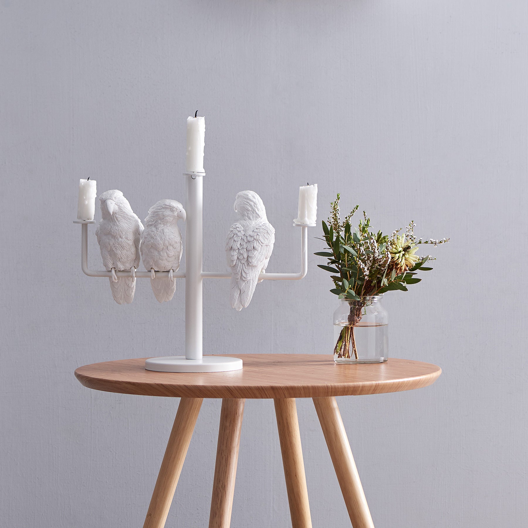 White Candle Holder for 3 Three Candle with Resin Parrot Sculpture for Home Decor Accessories Invite Parrots to Chat or Dinner in Peace & Naturality