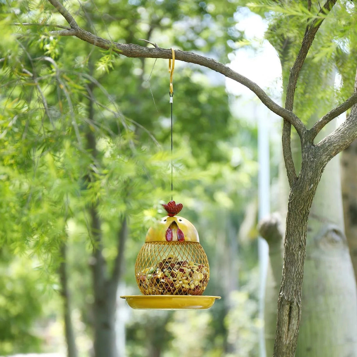 Yellow Hanging Bird Feeder with Chicken Figurines